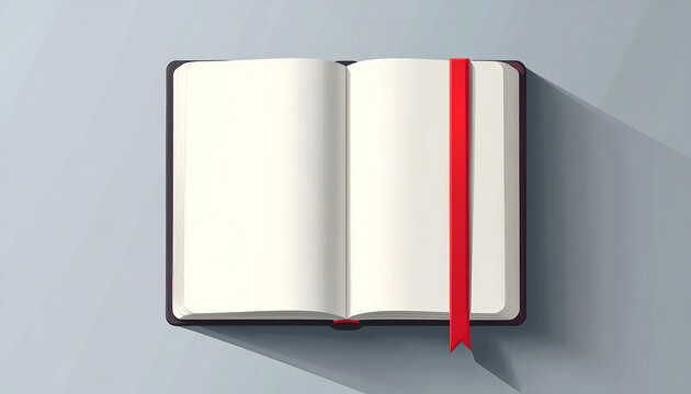 Open notebook illustration with blank white pages and a single red ribbon bookmark top down view on soft grey background generative AI