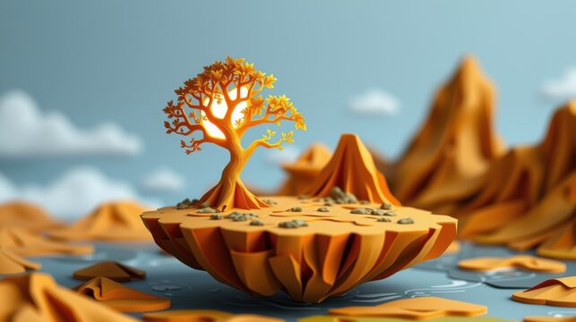 Orange island floats amid polygonal mountains. Tree dominates landscape, sun visible through branches. Calm waters surround structure.