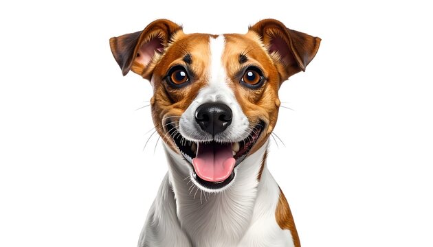 A smiling dog with brown and white fur looks directly ahead