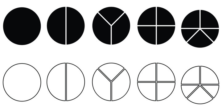 Donut charts, pies segmented on equal parts. Diagram infographic set. Circle section graph. Wheels divided in sections. Pie chart round icons. Loading bar layout icon set. Eps 10.