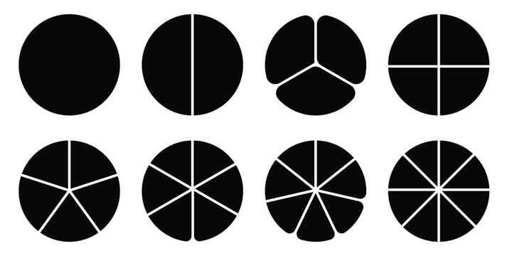 Donut charts, pies segmented on equal parts. Diagram infographic set. Circle section graph. Wheels divided in sections. Pie chart round icons. Loading bar layout icon set. Eps 10.
