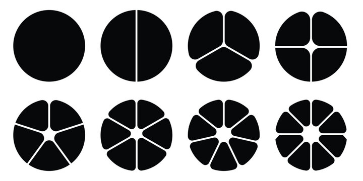 Donut charts, pies segmented on equal parts. Diagram infographic set. Circle section graph. Wheels divided in sections. Pie chart round icons. Loading bar layout icon set. Eps 10.