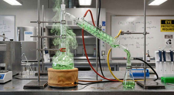 Boiling green liquid in a glass distillation setup in a lab