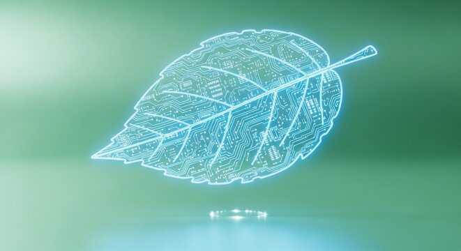 Glowing blue leaf on a green background with circuit board