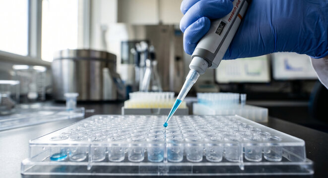 Gloved hand pipetting blue liquid into a microplate in a lab
