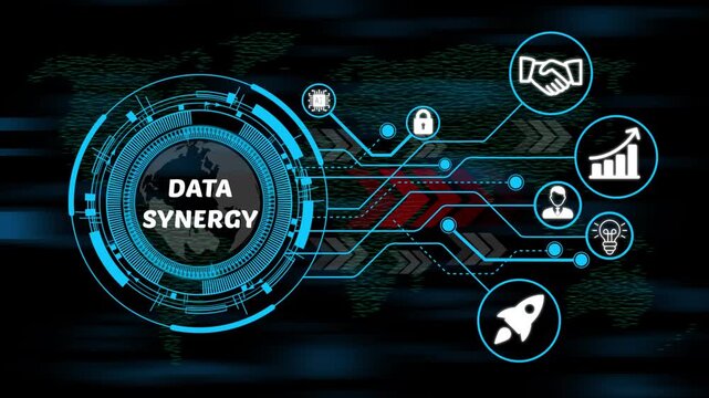 data synergy digital ecosystem concept with smart technology, business icons and high-speed data network. 4k video animation on world map background. 