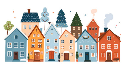 Fototapeta premium Scandinavian style houses and city buildings form a cozy town panorama featuring urban street exteriors with chimneys and smoke clouds generative AI