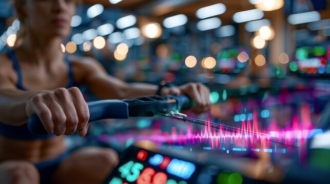 Hands gripping a rowing machine handle with glowing heart data in a cardio fitness tracking session