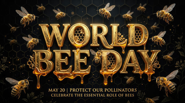 World bee day celebration golden typography with flying bees on a dark background