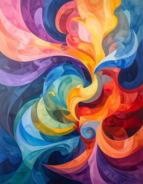 A vibrant abstract artwork with swirling rainbow-colored patterns