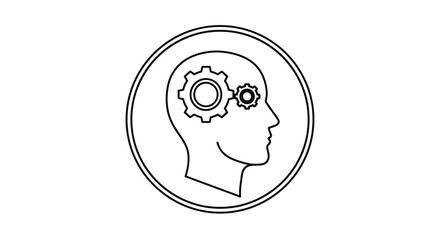 Obraz premium A minimalist line drawing depicts a human head in profile with gears inside symbolizing thought