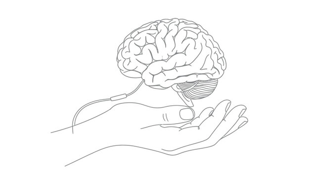A delicate human hand gently cradles a detailed illustration of the human brain symbolizing care