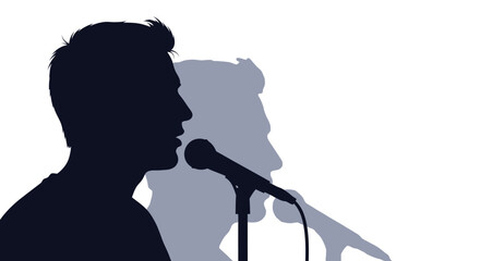A striking silhouette of a man singing into a microphone with a blurred shadow cast behind him © grvect02