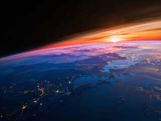 Fototapeta premium Earth view from space at sunset