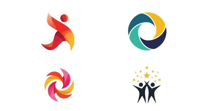 Abstract logo designs featuring vibrant shapes human figures and sparkling starbursts on a white background