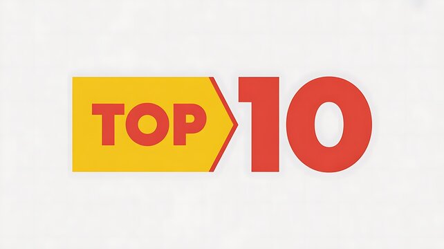 Top 10 ranking, number, text, yellow and red badge, label, icon
