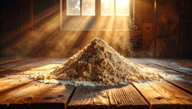 A beautiful rustic scene featuring a pile of light organic dust illuminated by warm golden sun rays streaming through a wooden attic window.