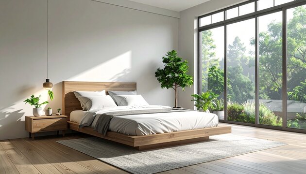 Serene modern bedroom interior with wooden bed frame lush indoor plants and large windows overlooking a peaceful green garden landscape.