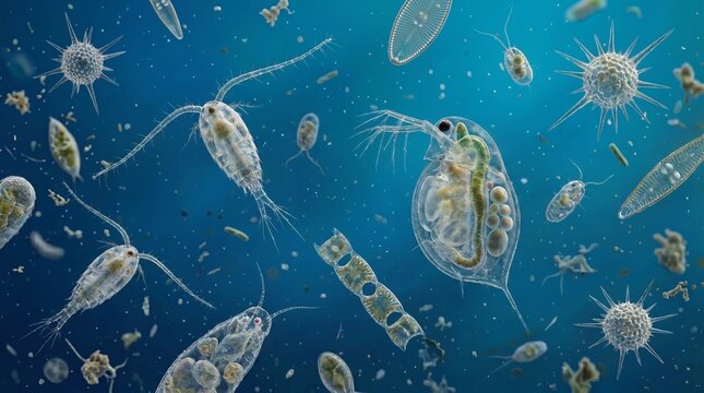 Detailed illustration of various microscopic aquatic organisms including copepods, daphnia, and diatoms in a blue water environment.