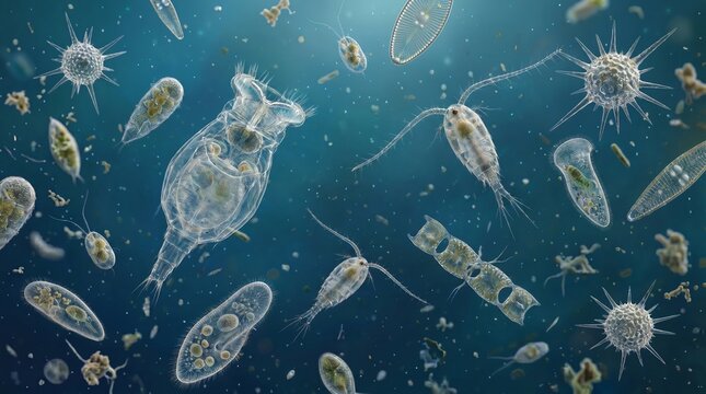 Diverse microscopic plankton and aquatic microorganisms floating in blue water.