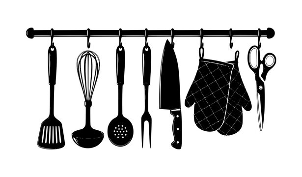 Kitchen wall utensils hanging vector illustration black white cooking tools decorative design