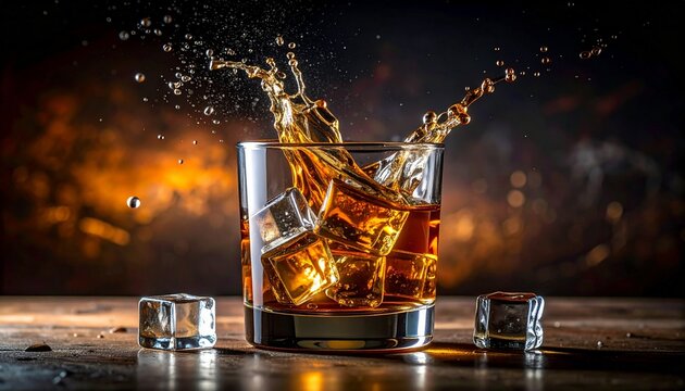 A glass of golden amber liquor splashing with ice cubes on a rustic wooden table featuring a dark moody background for luxury lifestyle.