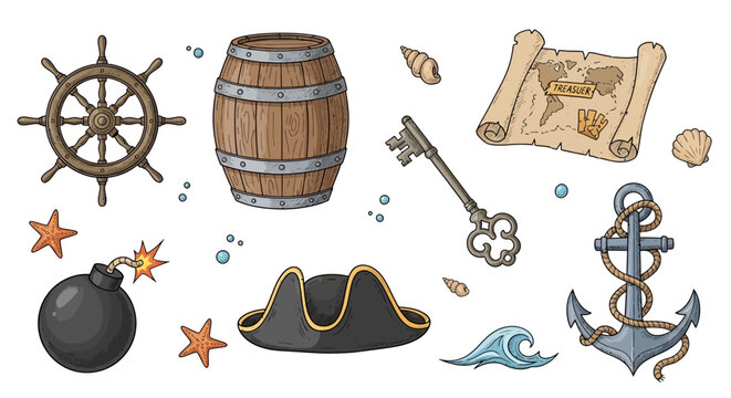 Collection of pirate themed items including a ship wheel barrel map and anchor.