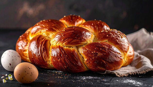 Freshly baked braided challah bread with a golden shiny crust displayed with rustic eggs on a dark background for traditional holidays.