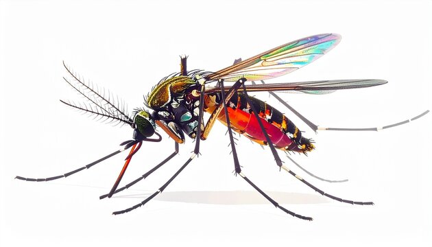A detailed illustration of a mosquito with vibrant iridescent wings and distinct body markings isolated on a clean white background studio.