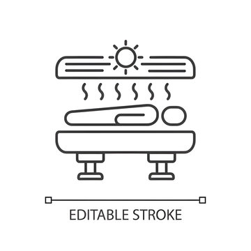 Tanning linear icon. Solarium. Indoor tanning and sunbathing. Sunbed. Spa salon tanning. Thin line customizable illustration. Contour symbol. Vector isolated outline drawing. Editable stroke