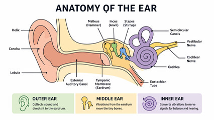 Detailed Anatomy of the Human Ear Diagram with Labels. © faizz