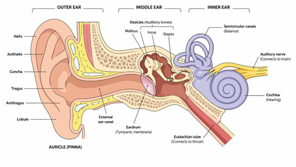 Detailed Diagram of Human Ear Anatomy Showing Outer Middle and Inner Ear Structures. © faizz