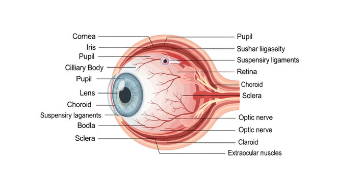 Detailed Diagram of Human Eye Anatomy with Labeled Parts.