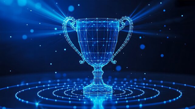 Futuristic digital trophy award with glowing technology particles and virtual achievement concept