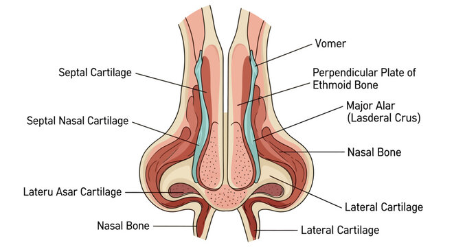 Detailed Diagram of Human Nasal Anatomy and Cartilage Structure.