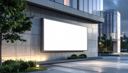 Obraz premium Empty large blank outdoor billboard mockup on a modern building wall at dusk for commercial advertising and marketing presentation purposes.