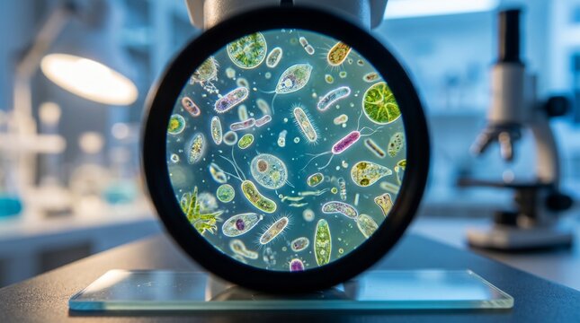 Microscopic view of diverse microorganisms in a laboratory setting.