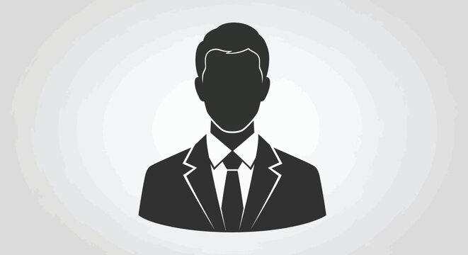 A minimalist silhouette depicts a man in a suit and tie representing a generic profile icon