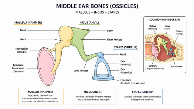 Detailed Diagram of Middle Ear Bones Ossicles Malleus Incus Stapes Anatomy.