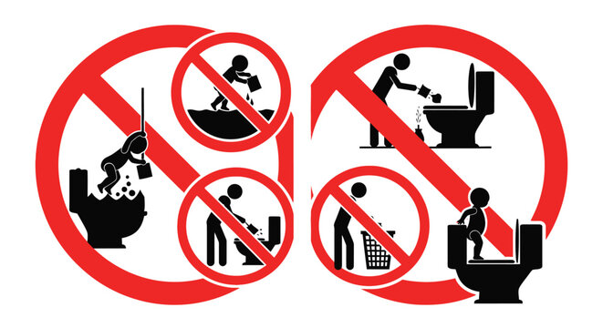 Prohibited actions depicted in black silhouettes inside red circles no climbing pouring or misuse of toilets