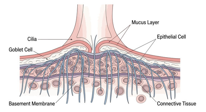 Detailed Diagram of Respiratory Epithelium with Cilia and Goblet Cells.