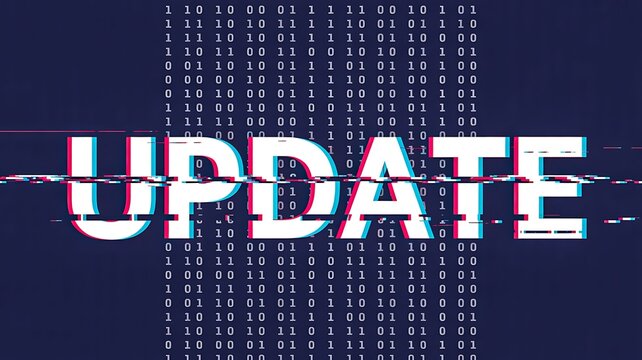 Digital software update glitch effect with binary code and technology background