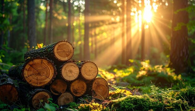 A peaceful stack of freshly cut wooden logs resting on the forest floor bathed in the warm golden glow of the morning sun during sunrise.