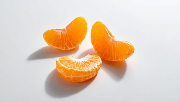 Fresh segments of ripe orange fruit isolated on a white background captured in high key lighting for healthy lifestyle and diet concepts.