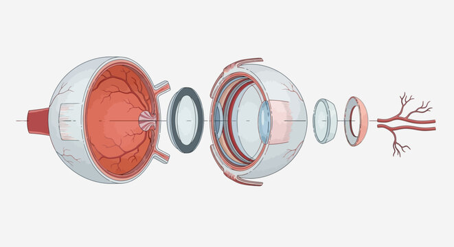 Detailed Exploded View of Human Eye Anatomy with Optic Nerve and Lens.