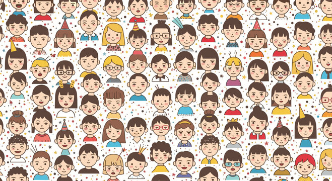 Dense crowd of diverse cartoon children faces in a flat design style with small stars and dots scattered throughout.