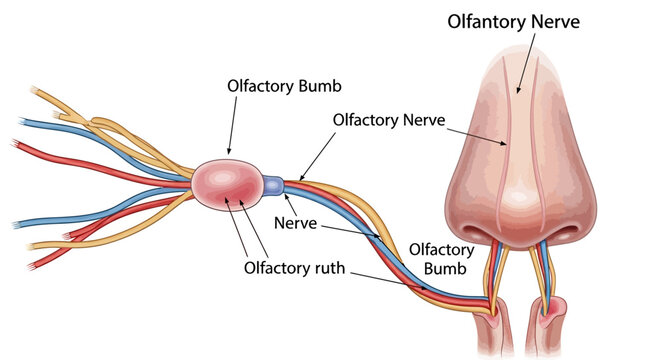 Detailed illustration of the human olfactory system and its components.