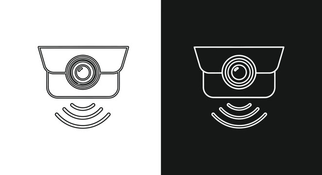A split screen displays a security camera icon in both white on black and black on white