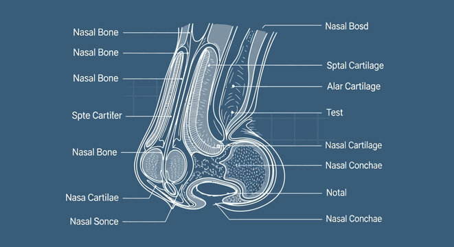 Detailed Sagittal View of Human Nose Anatomy with Labels.
