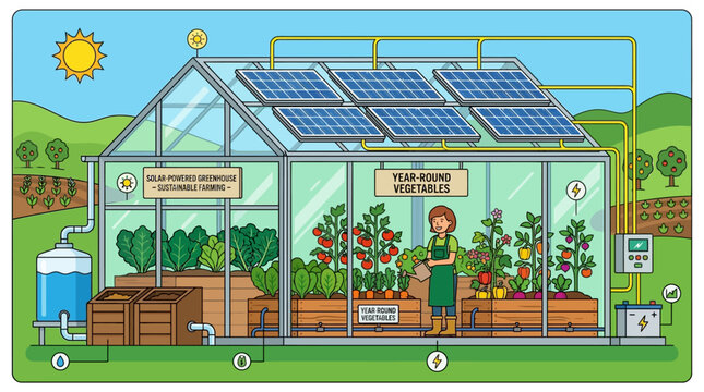 A modern solar-powered greenhouse demonstrates sustainable farming practices for cultivating diverse, fresh, year-round vegetables.